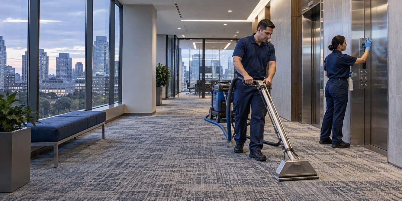 Commercial cleaning crew extracting carpet and detailing elevator surfaces in a Philadelphia office building