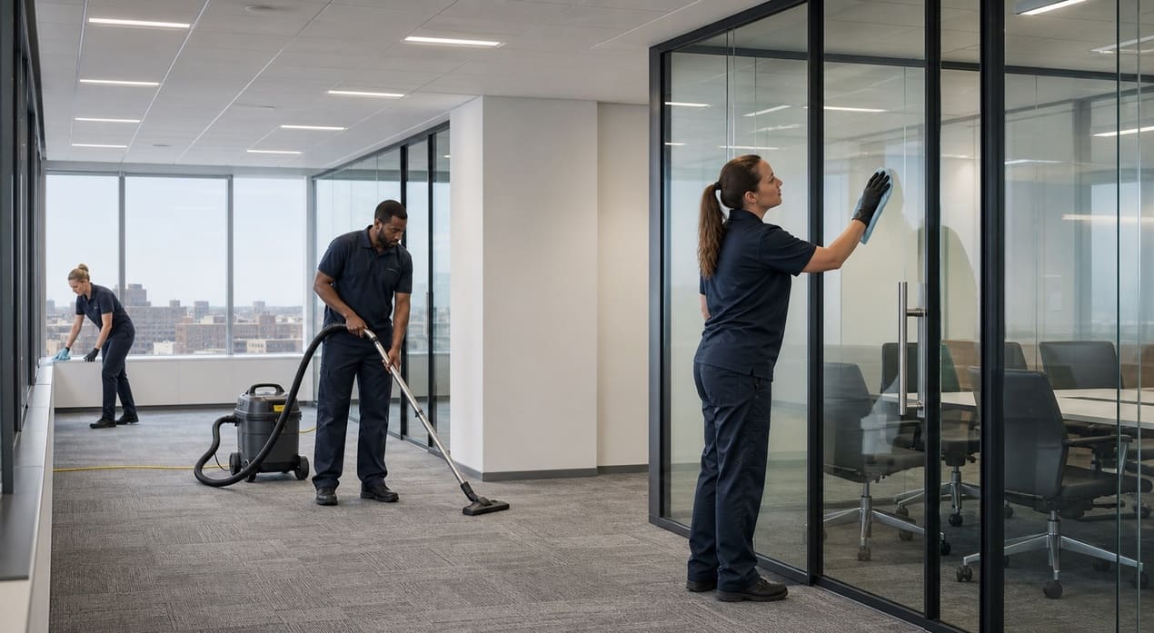 Commercial cleaning crew preparing a newly completed office fit-out for turnover